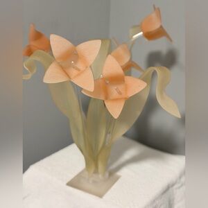 Vintage Lucite Acrylic Flower Sculpture Frosted Peach and Green 5 Stems